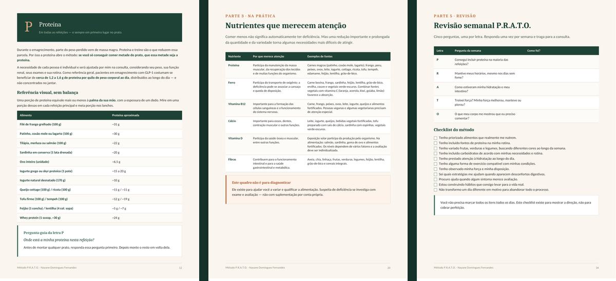 Três páginas internas do guia: o pilar Proteína, o quadro de nutrientes e o checklist semanal